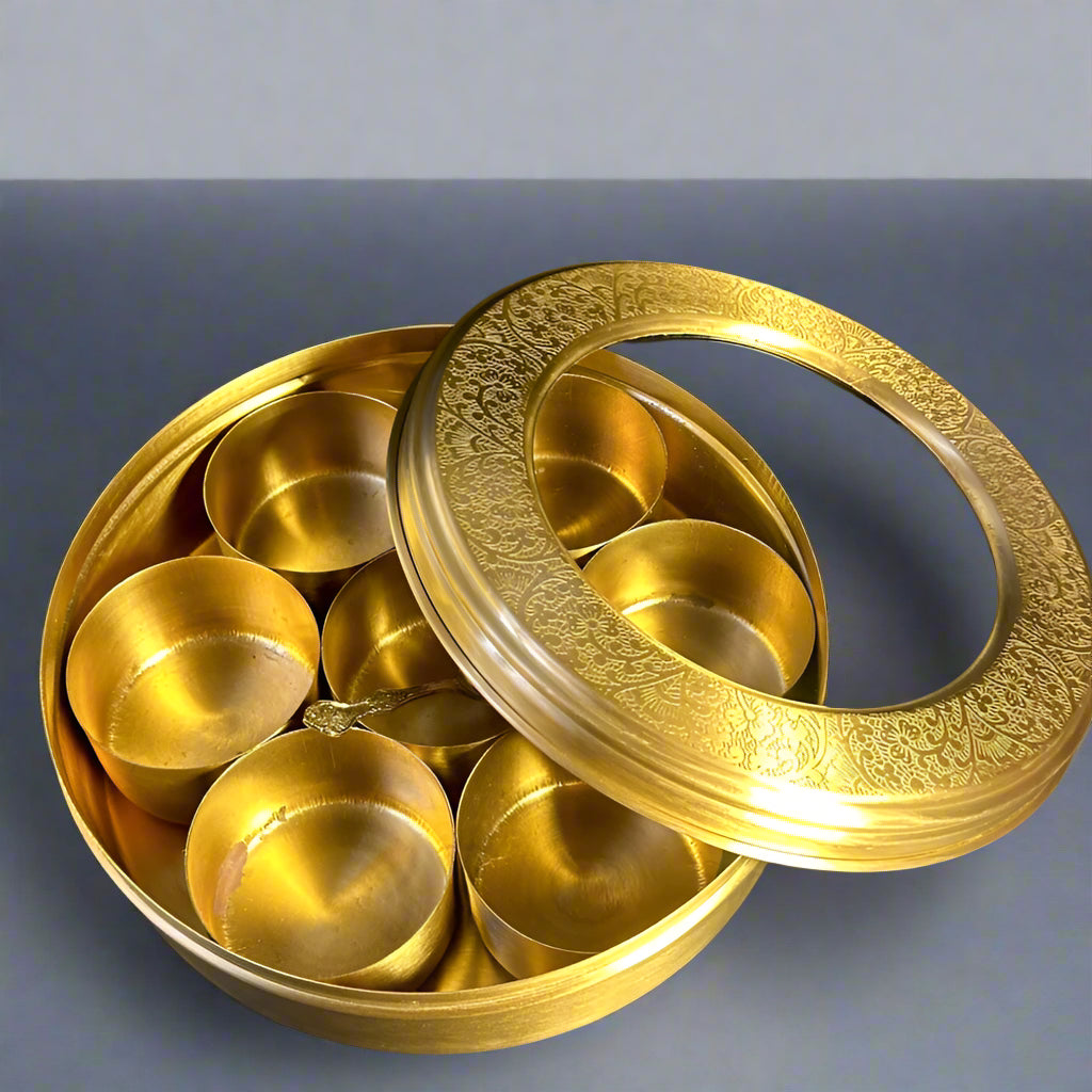 brass etched 8" spice box fiber lid with 7 bowls and a spoon for home kitchen/gift item